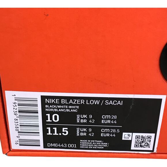 Nike Sacai Blazer Low Sneakers Unisex Size 10/11.5 Shiny Black White DM6443-001